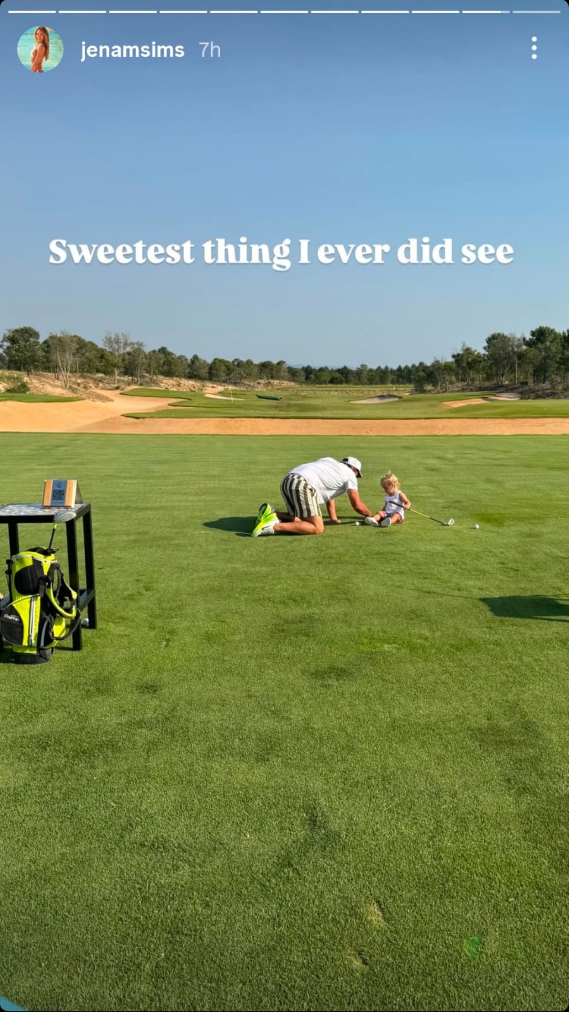 Jena Sims shared a heartwarming moment of Brooks Koepka playing with their son Crew on the golf course (via @jenasims)